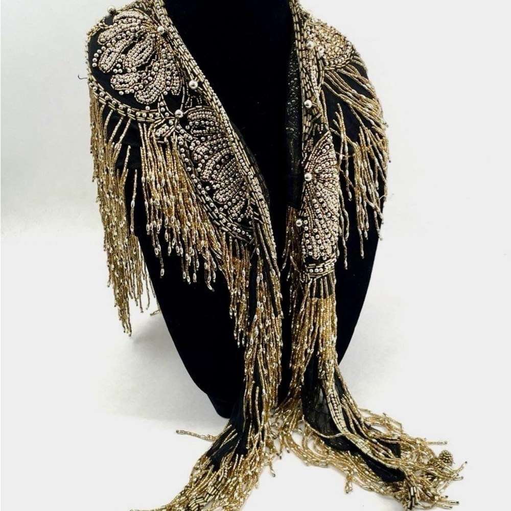 Contessa Vintage Butterfly Gold Bead & Fringe Silk Shawl
